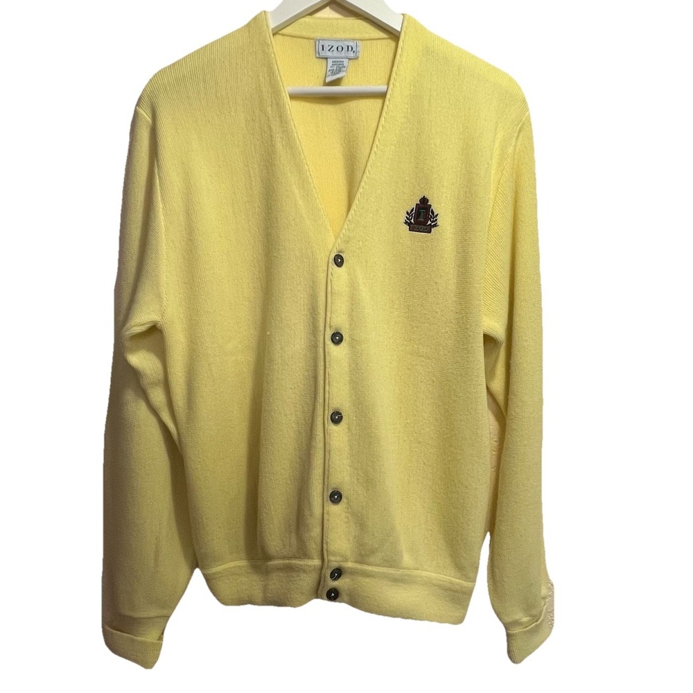 IZOD Men's Vtg Knit Cardigan Sweater M Logo Yellow USA Preppy Grandpa Collegiate